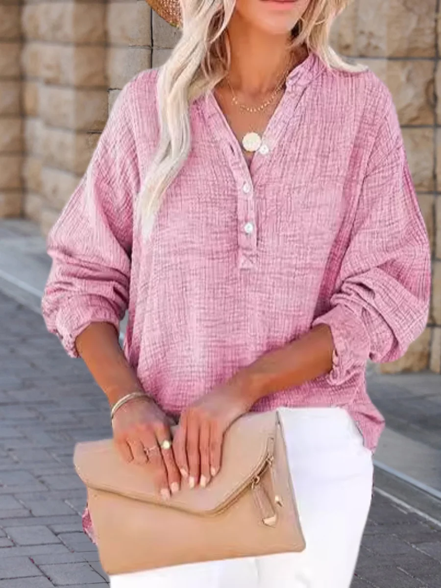Women's Long Sleeve Shirt Spring/Fall Sky Blue Plain Split Joint Cotton V Neck Daily Going Out Casual Top