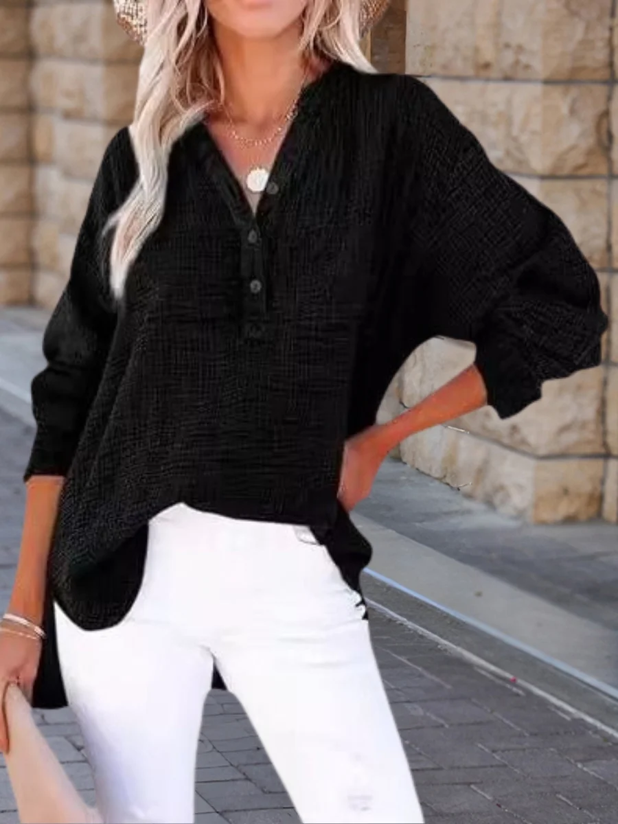 Women's Long Sleeve Shirt Spring/Fall Sky Blue Plain Split Joint Cotton V Neck Daily Going Out Casual Top