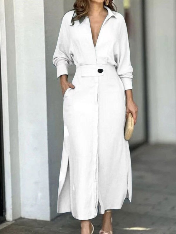 Women's Long Sleeve Spring/Fall Apricot Plain Split Joint V Neck Daily Going Out Vintage Maxi A-Line Tank Dress
