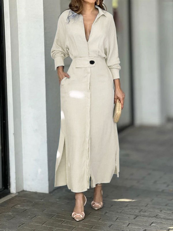 Women's Long Sleeve Spring/Fall Apricot Plain Split Joint V Neck Daily Going Out Vintage Maxi A-Line Tank Dress
