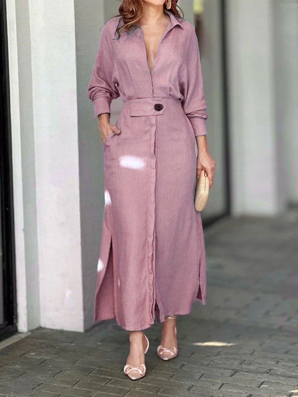 Women's Long Sleeve Spring/Fall Apricot Plain Split Joint V Neck Daily Going Out Vintage Maxi A-Line Tank Dress