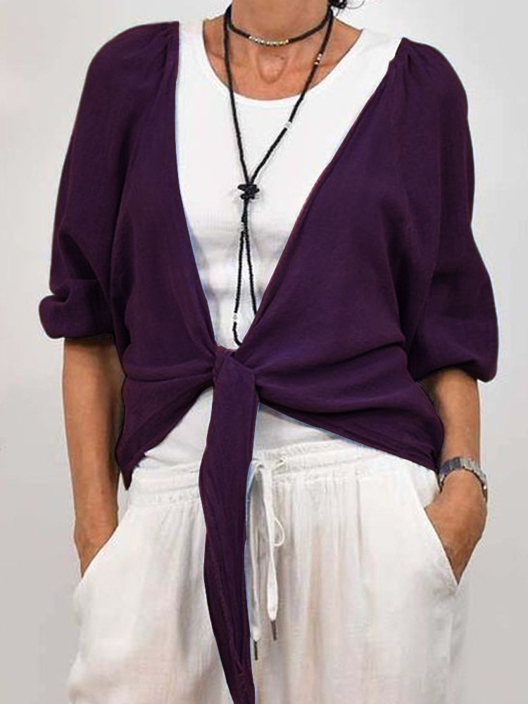 New Style Casual Loose Fashion Long Sleeve Solid Color Lace-up Knitted Sweater Top With Cardigan