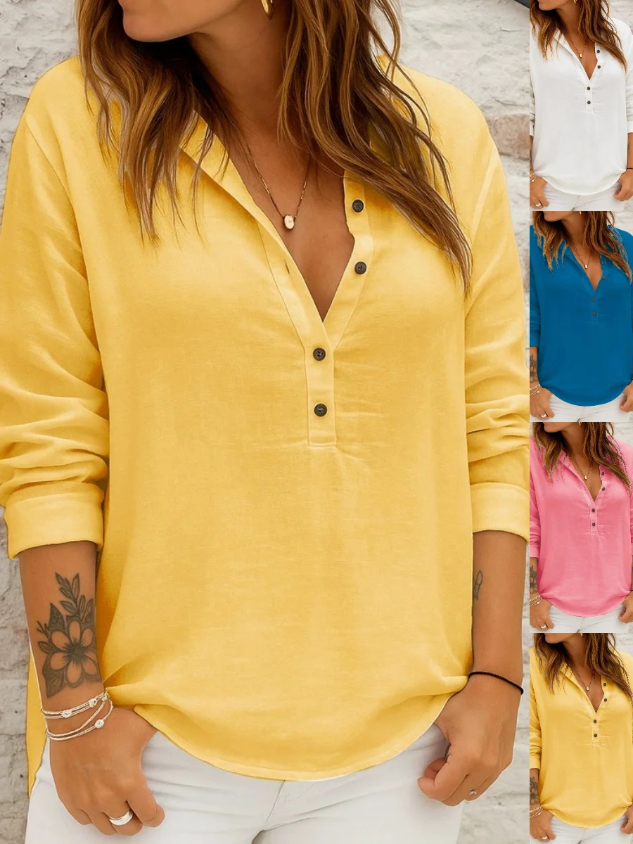 Women's Long Sleeve Shirt Spring/Fall Yellow Plain Split Joint Stand Collar Daily Going Out Casual Top