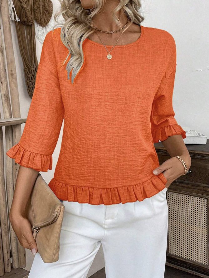 Crew Neck Simple Plain Bell Sleeve Loose Shirt