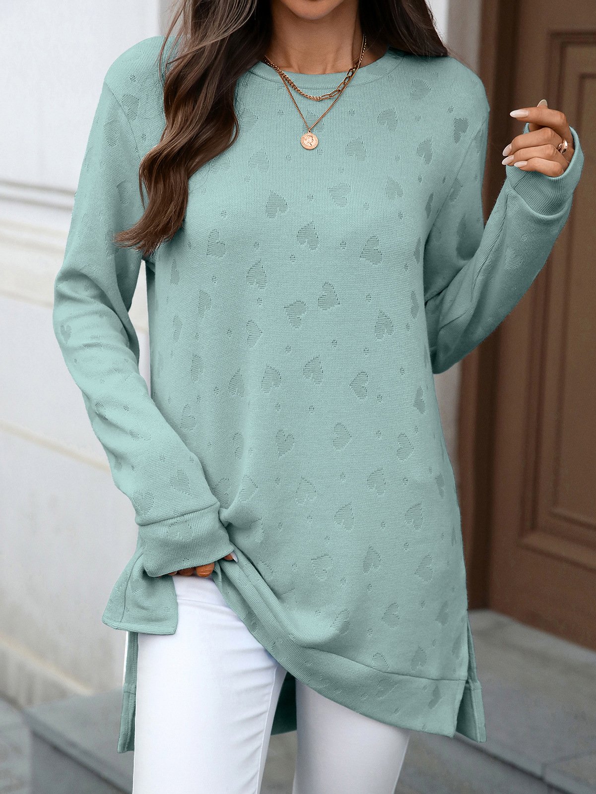 Women Plain Crew Neck Casual Long Sleeve T-shirt