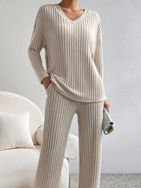 Women's Embossed Plain Daily Going Out Two-Piece Set Apricot Casual Spring/Fall Top With Pants Matching Set