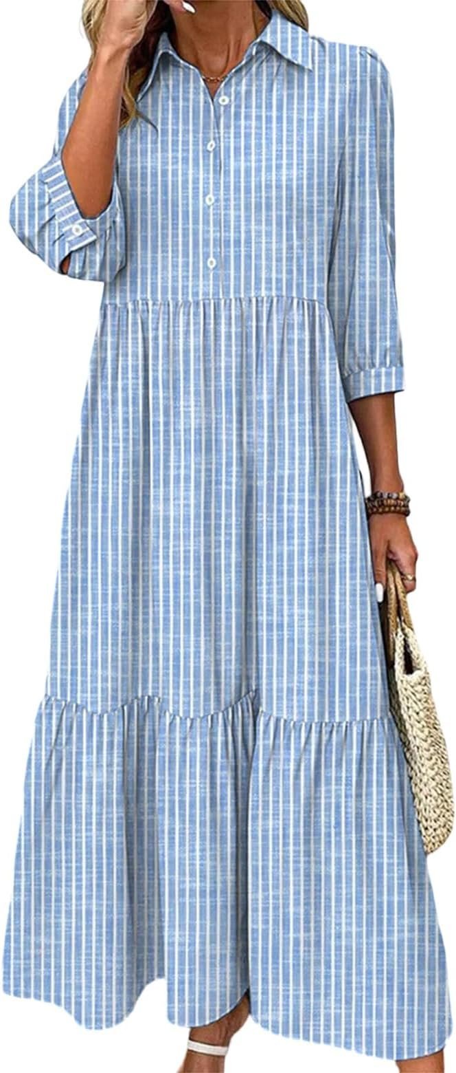 Casual Cotton Shirt Collar Dress With No