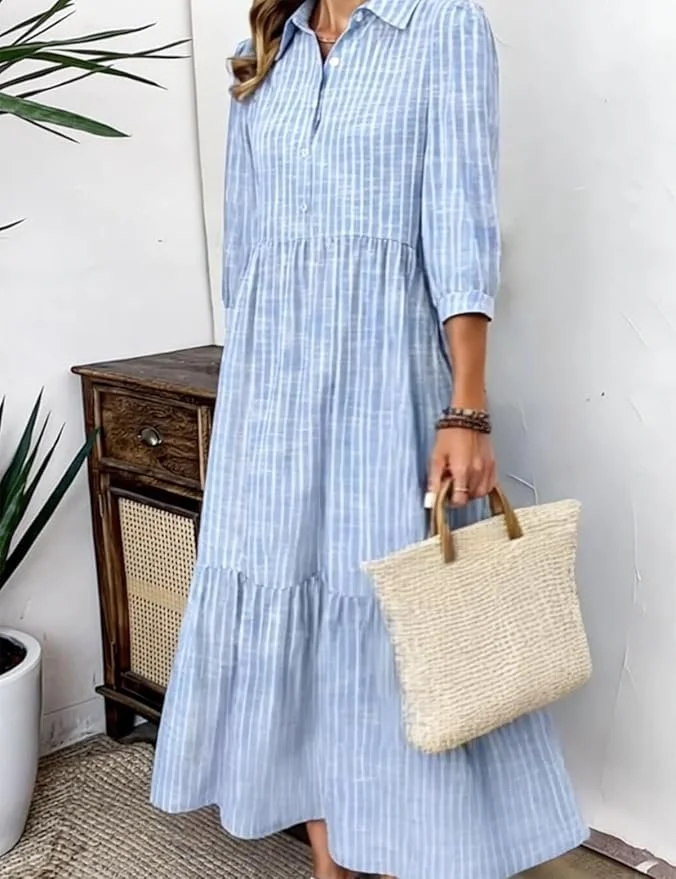 Casual Cotton Shirt Collar Dress With No