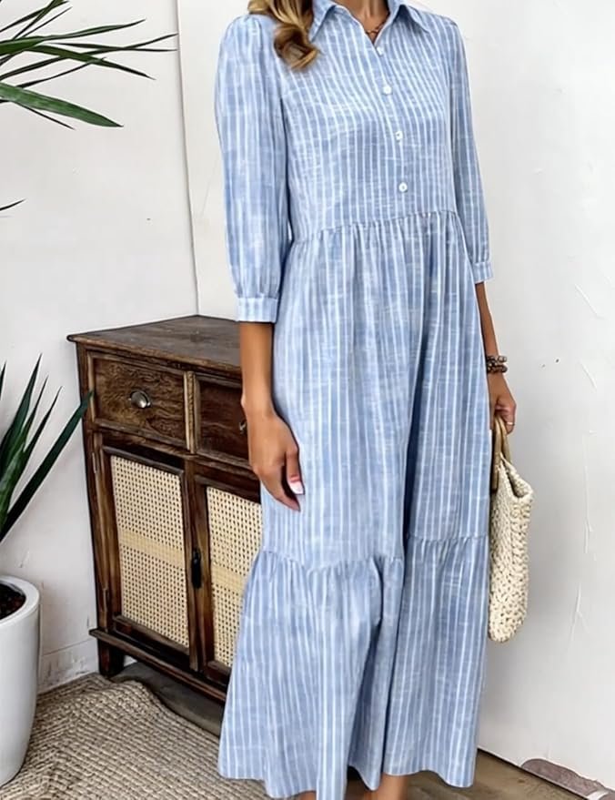 Casual Cotton Shirt Collar Dress With No