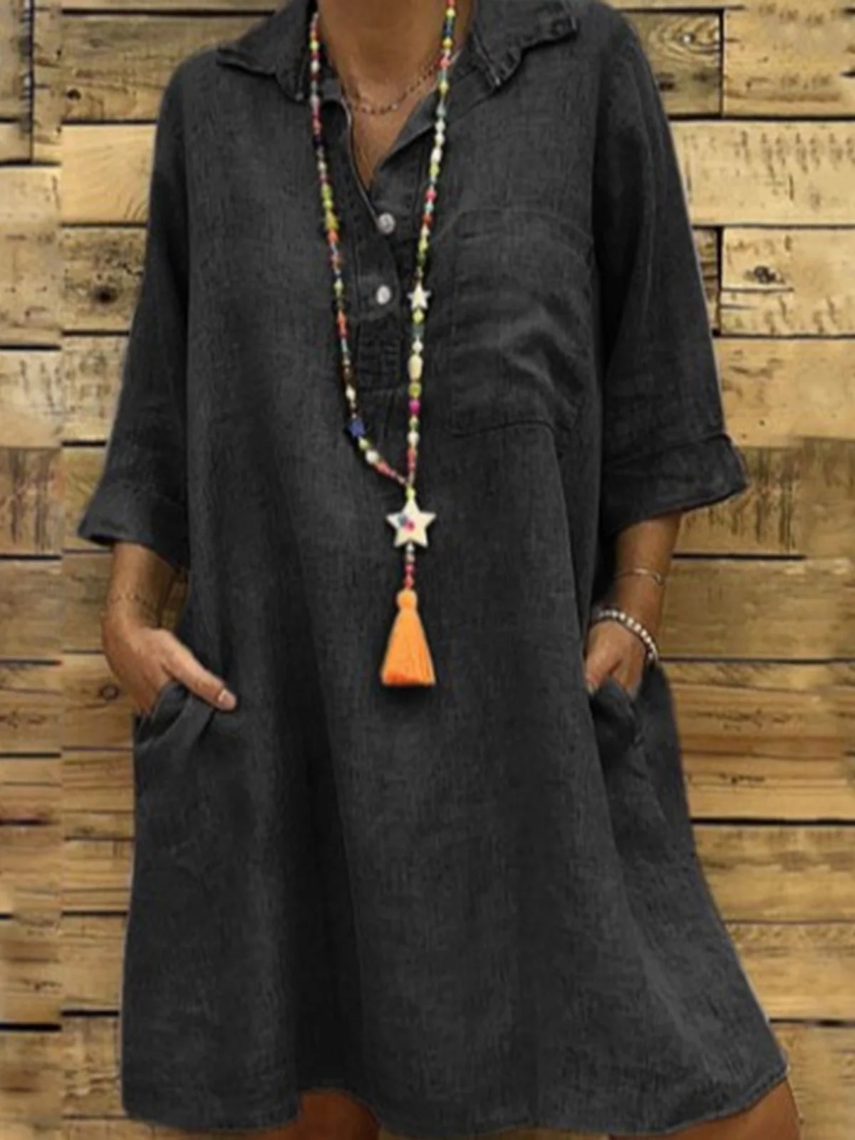 Casual Plain Shirt Collar Dress