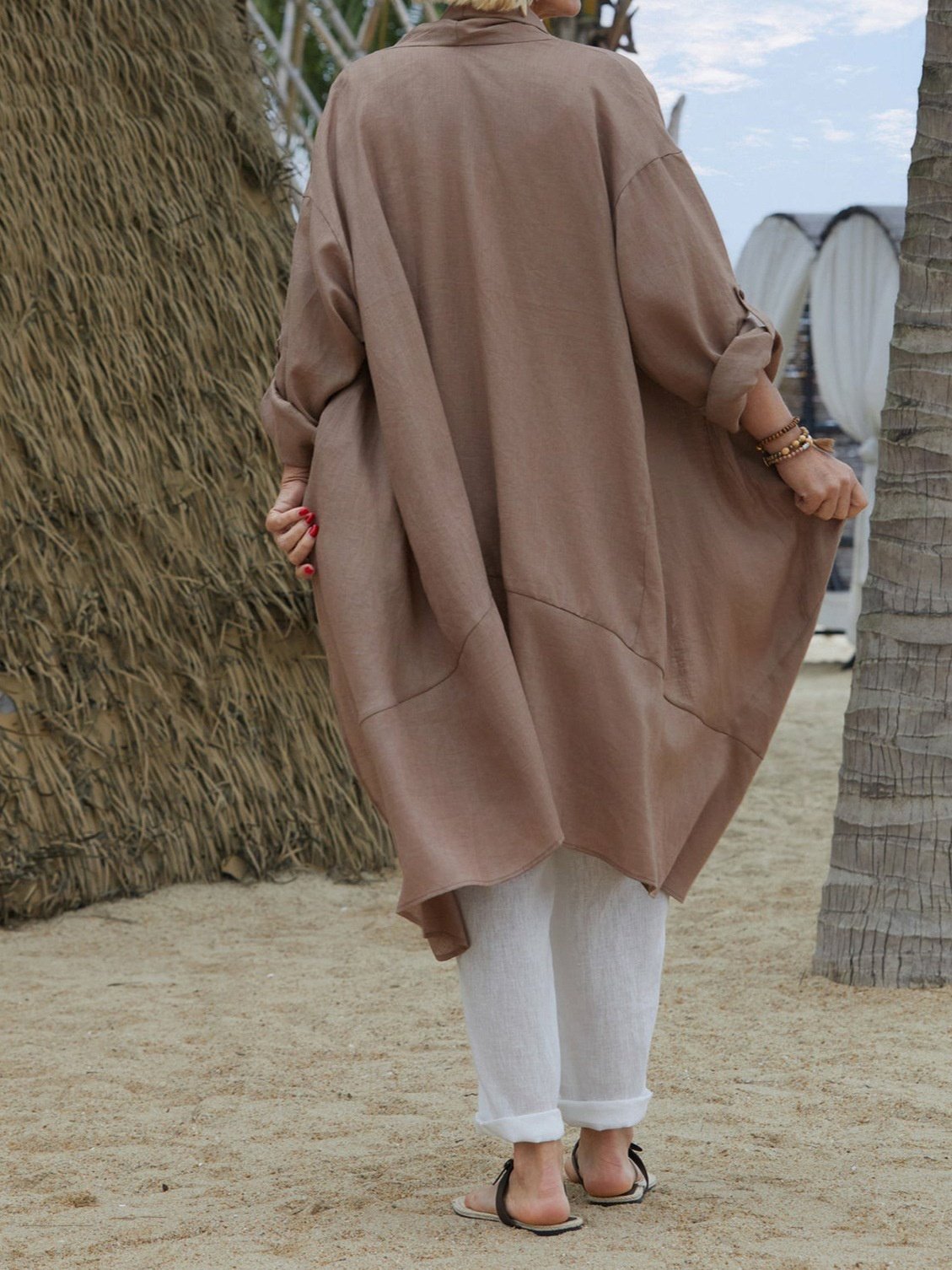 Linen Autumn New Casual Long-sleeved Shirt Dress Versatile Long Windbreaker Jacket Solid Color Cardigan