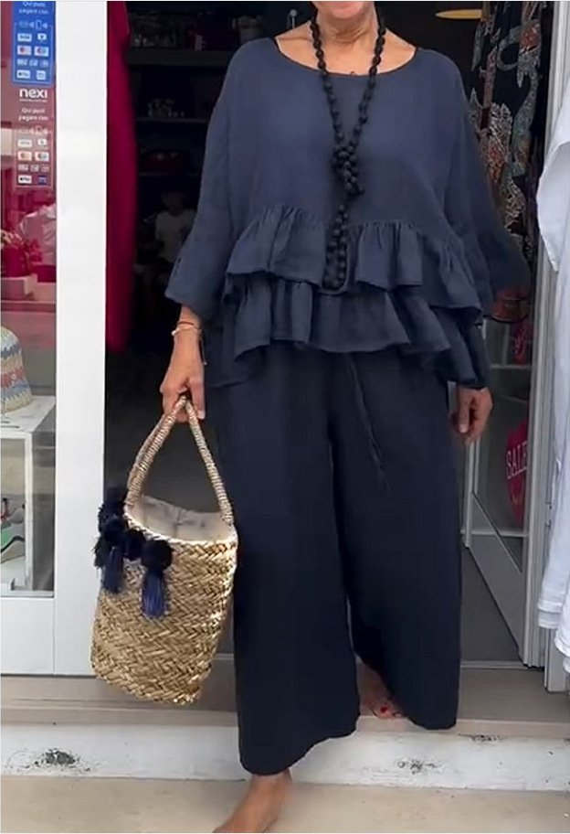 Plain Crew Neck Casual Two-Piece Set