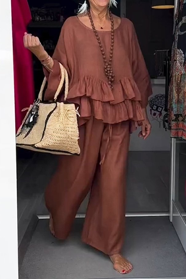 Plain Crew Neck Casual Two-Piece Set