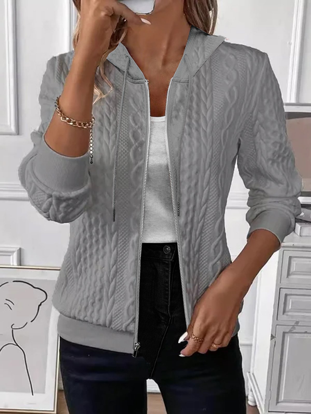 Autumn And Winter Solid Color Long-sleeved Knitted Zipper Hooded Sweatshirt Jacket