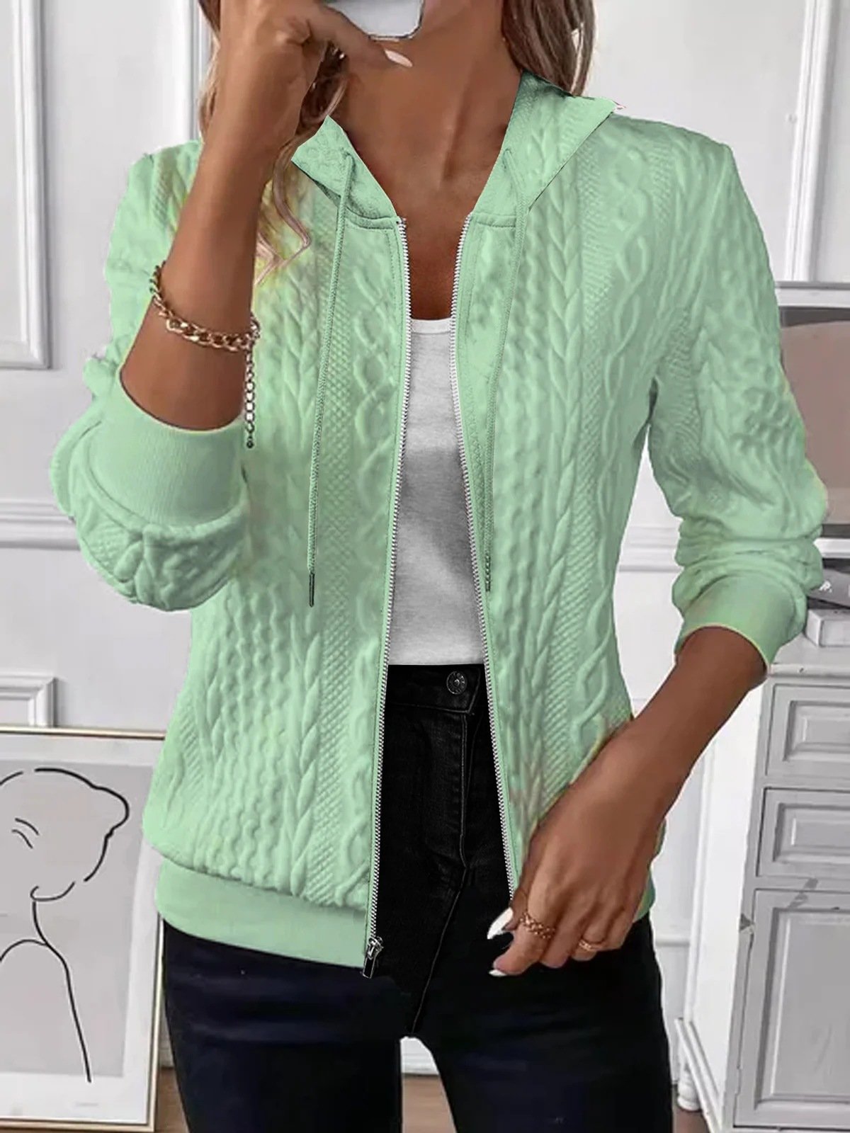 Autumn And Winter Solid Color Long-sleeved Knitted Zipper Hooded Sweatshirt Jacket
