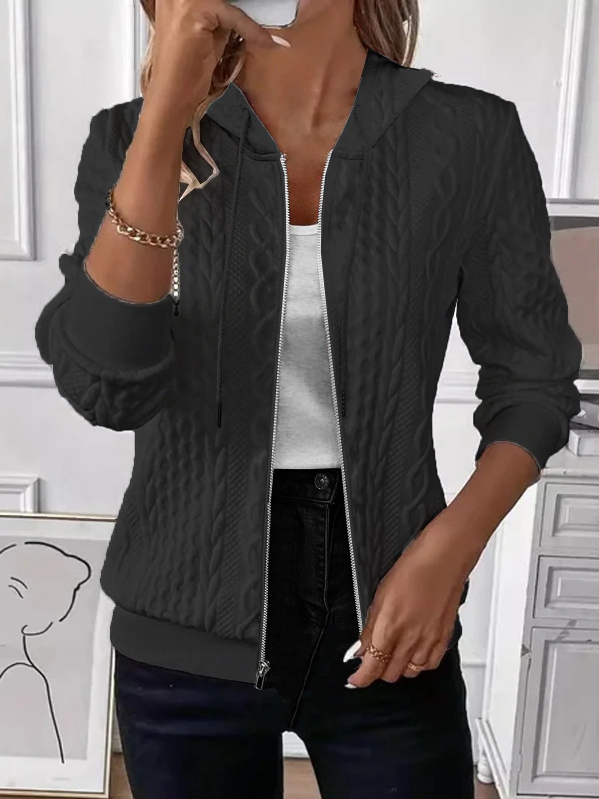 Autumn And Winter Solid Color Long-sleeved Knitted Zipper Hooded Sweatshirt Jacket