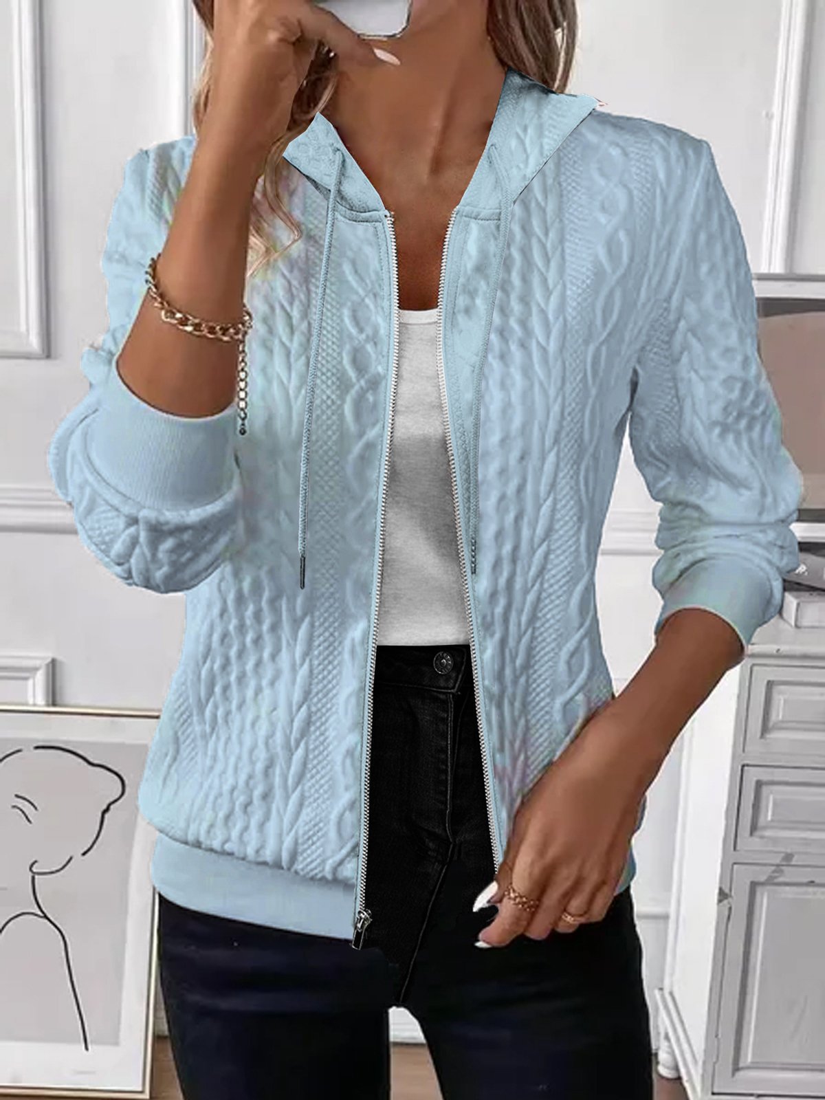Autumn And Winter Solid Color Long-sleeved Knitted Zipper Hooded Sweatshirt Jacket