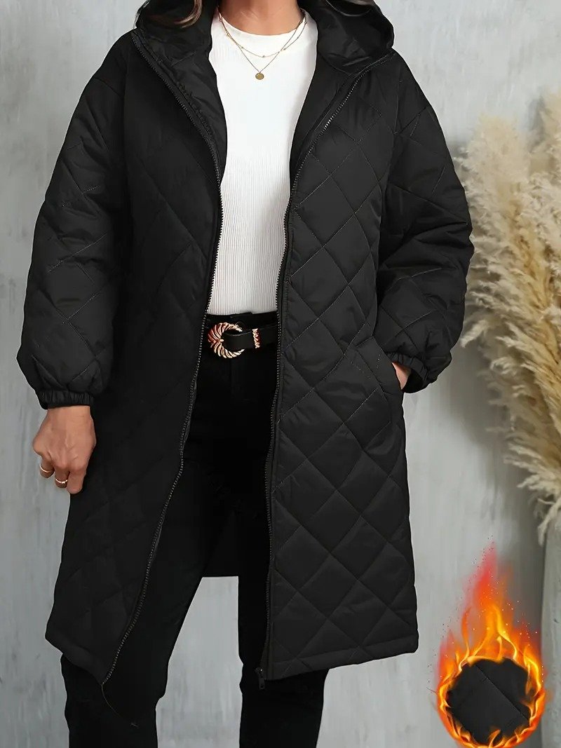 Elegant Quilted Hooded Jacket for Women Zippered Long Sleeves Quilted iacket