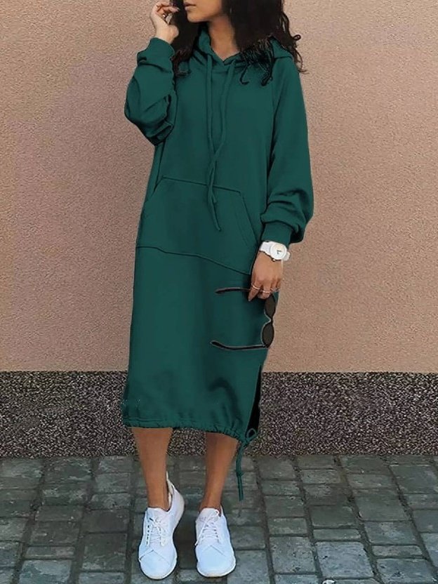 Women's Long Sleeve Spring/Fall Green Plain Split Joint Hooded Daily Going Out Vintage Maxi A-Line Hoodie Dress