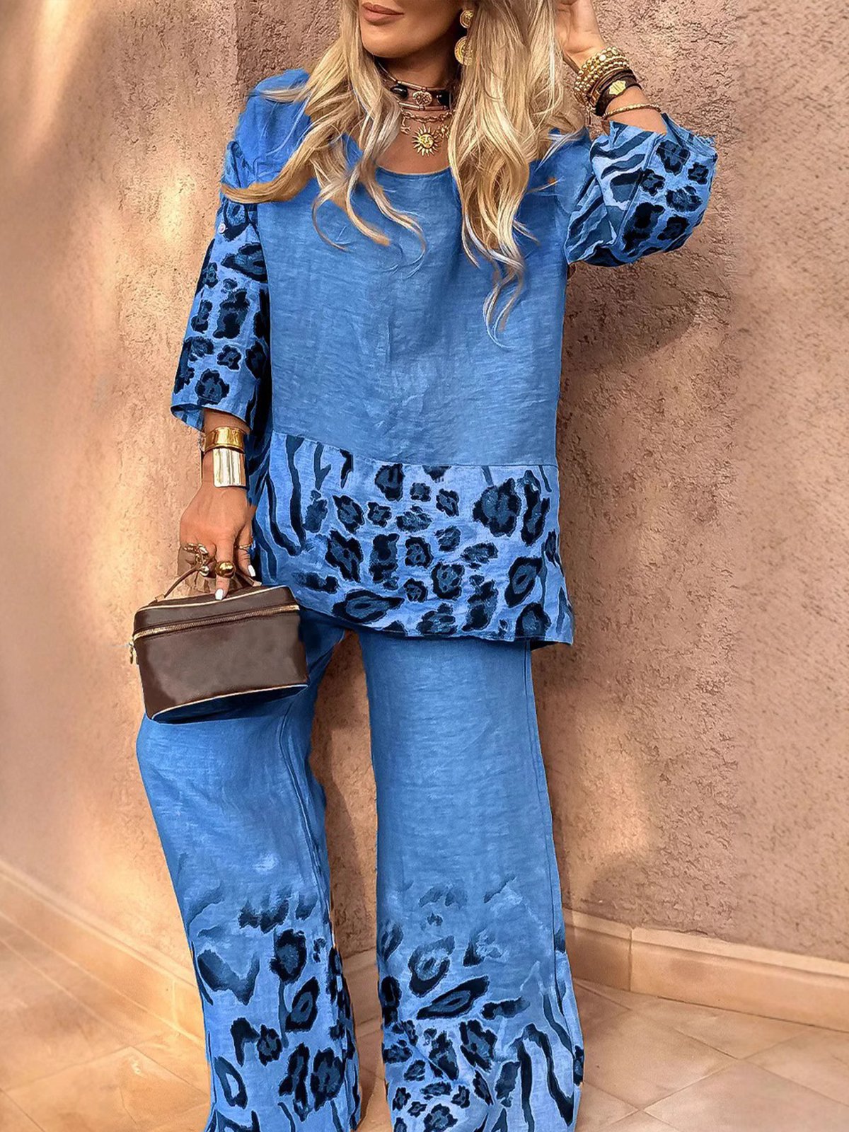Casual Animal Print Crew Neck Two-Piece Set