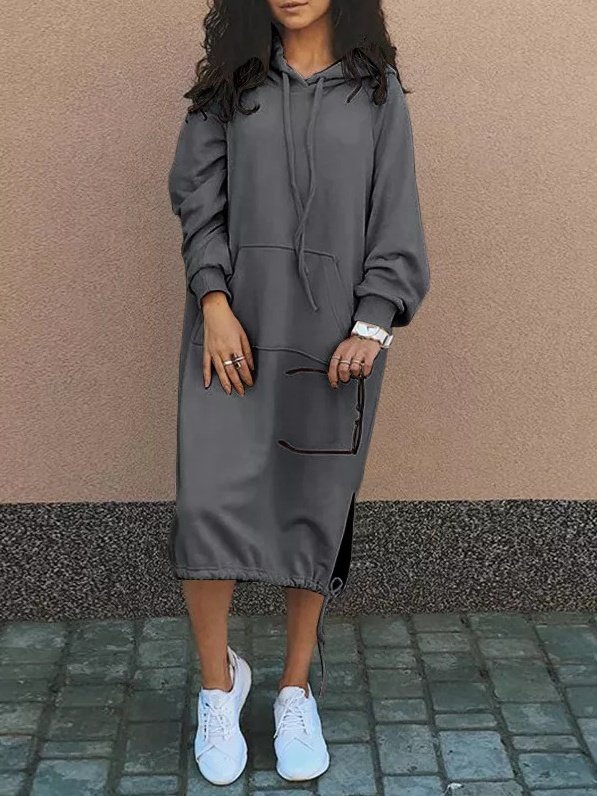 Women's Long Sleeve Spring/Fall Green Plain Split Joint Hooded Daily Going Out Vintage Maxi A-Line Hoodie Dress