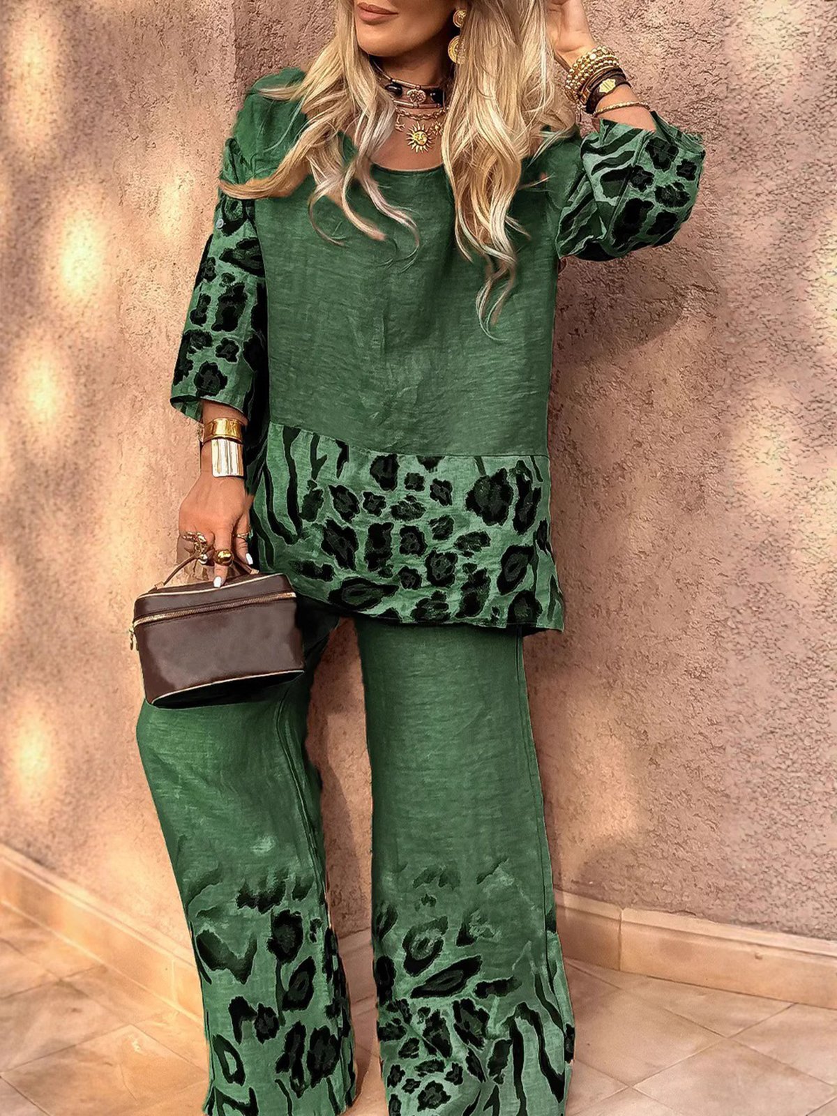 Casual Animal Print Crew Neck Two-Piece Set