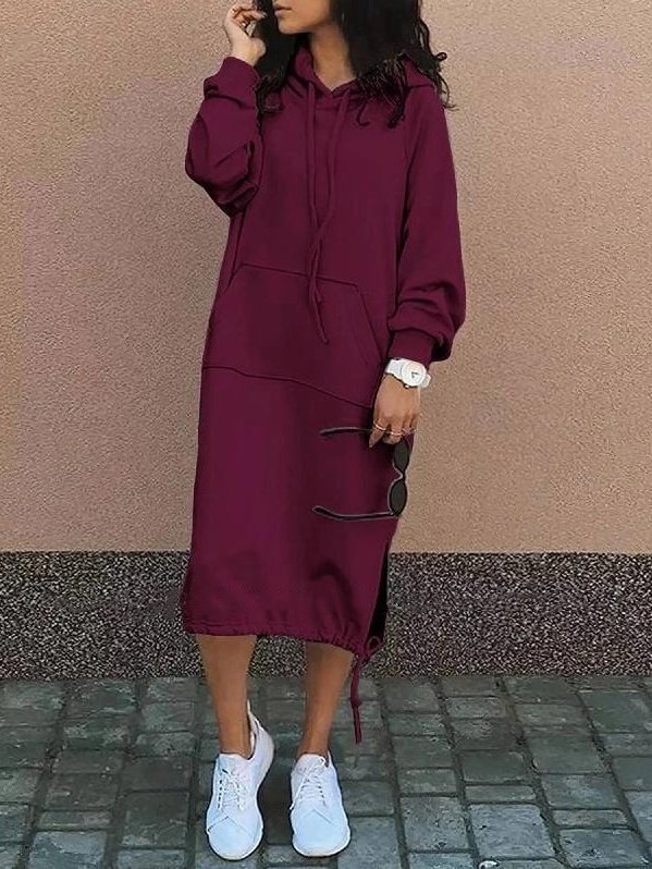 Women's Long Sleeve Spring/Fall Green Plain Split Joint Hooded Daily Going Out Vintage Maxi A-Line Hoodie Dress