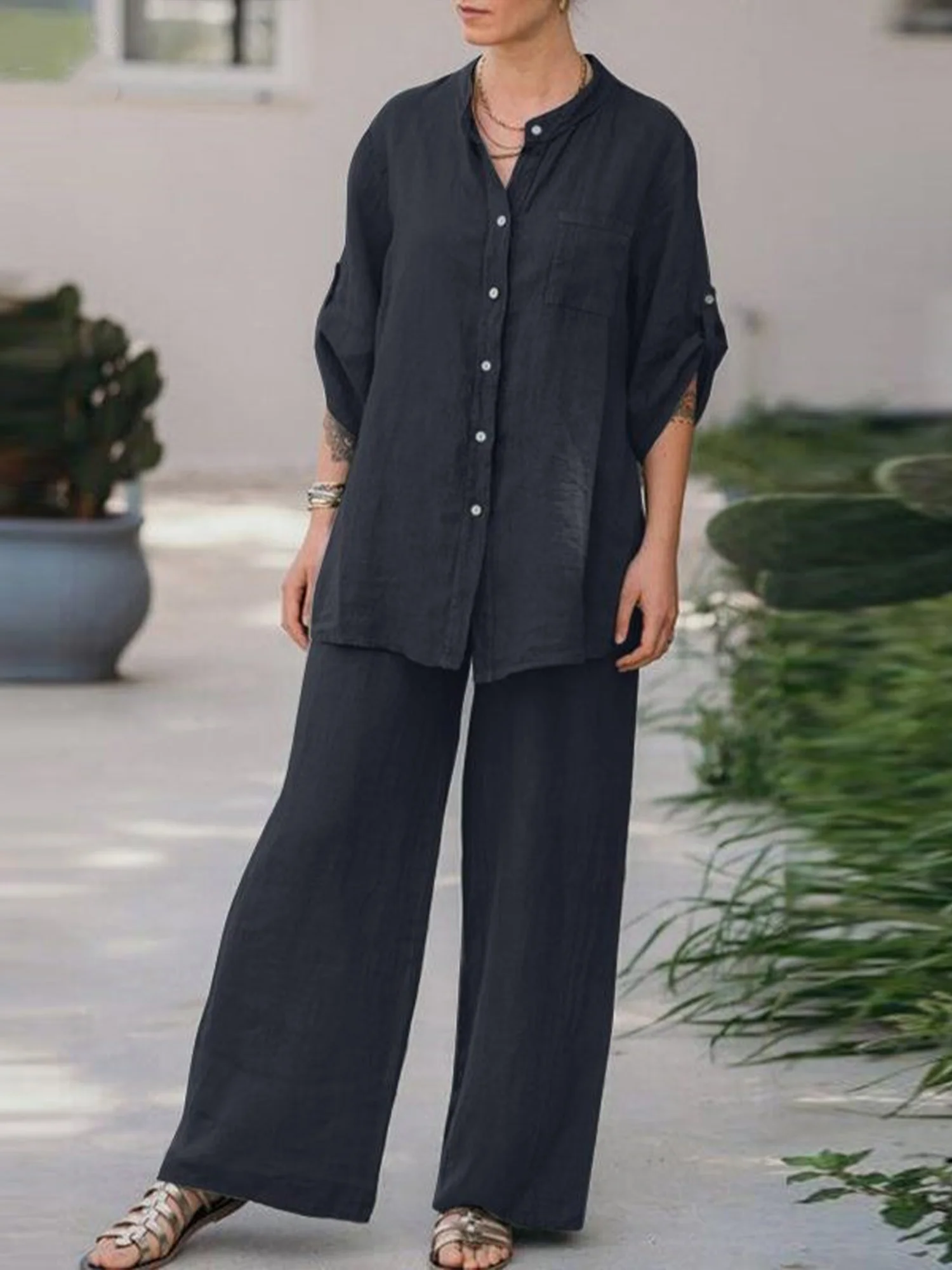 Casual Plain Stand Collar Two-Piece Set