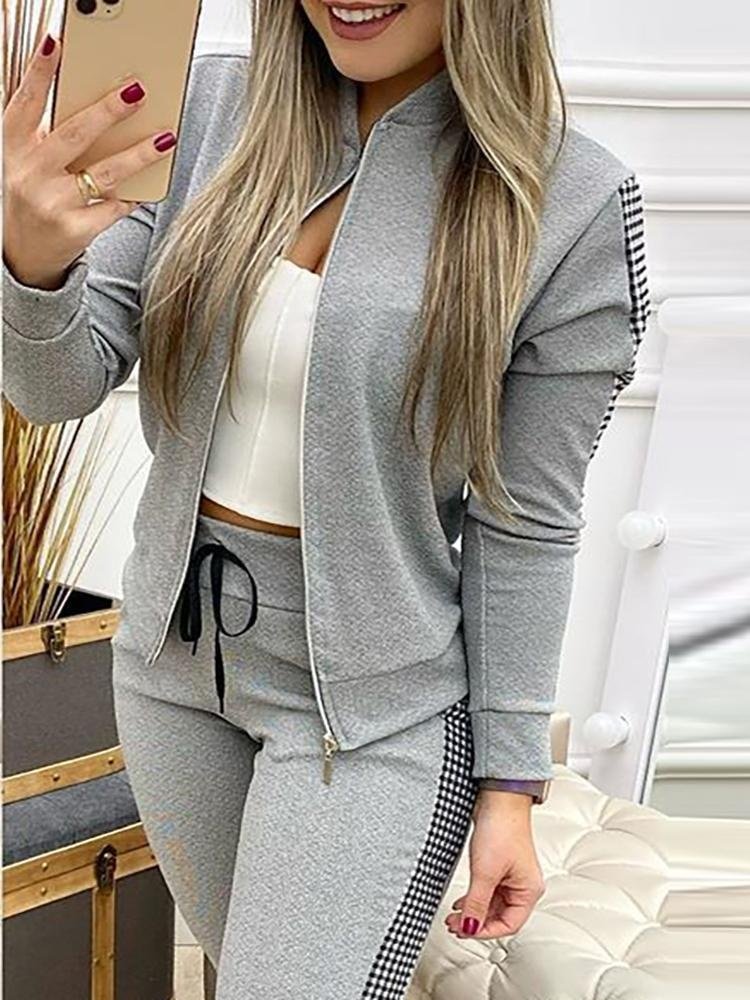 Women's Split Joint Plain Daily Going Out Two-Piece Set Gray Casual Spring/Fall Top With Pants Matching Set