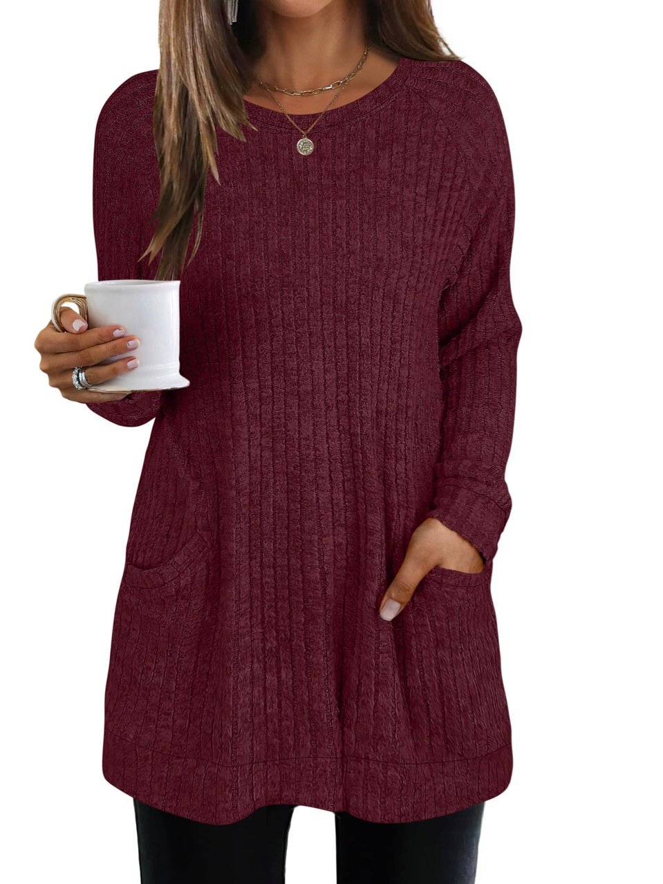 Women Plain Crew Neck Casual Long Sleeve T-shirt