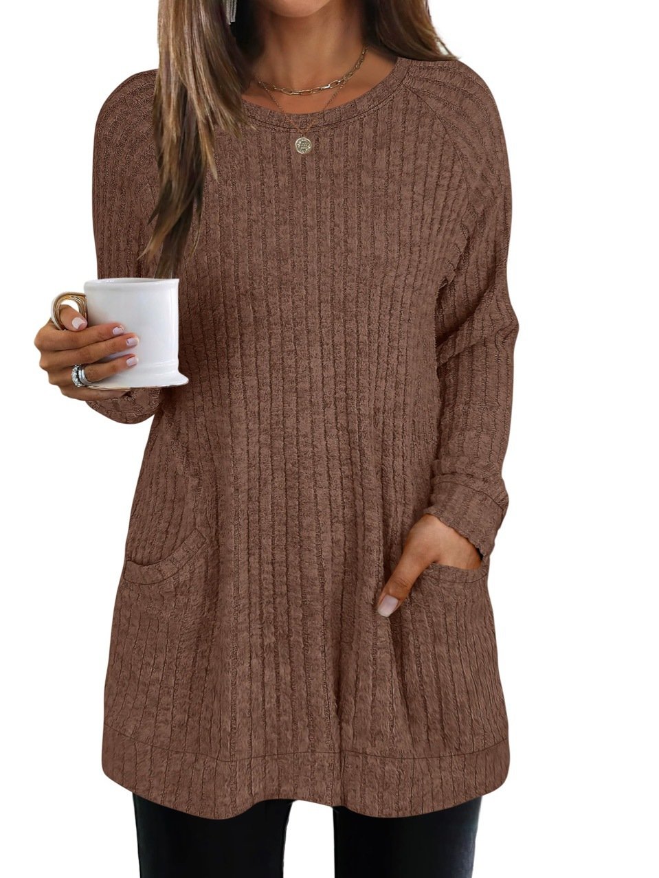 Women Plain Crew Neck Casual Long Sleeve T-shirt