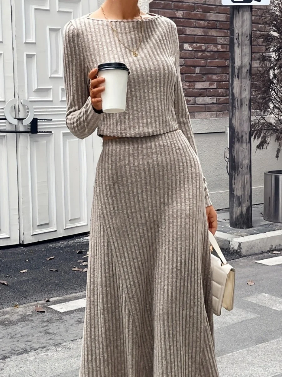 Women's Split Joint Plain Daily Going Out Two-Piece Set Coffee Casual Spring/Fall Top With Skirt Matching Set