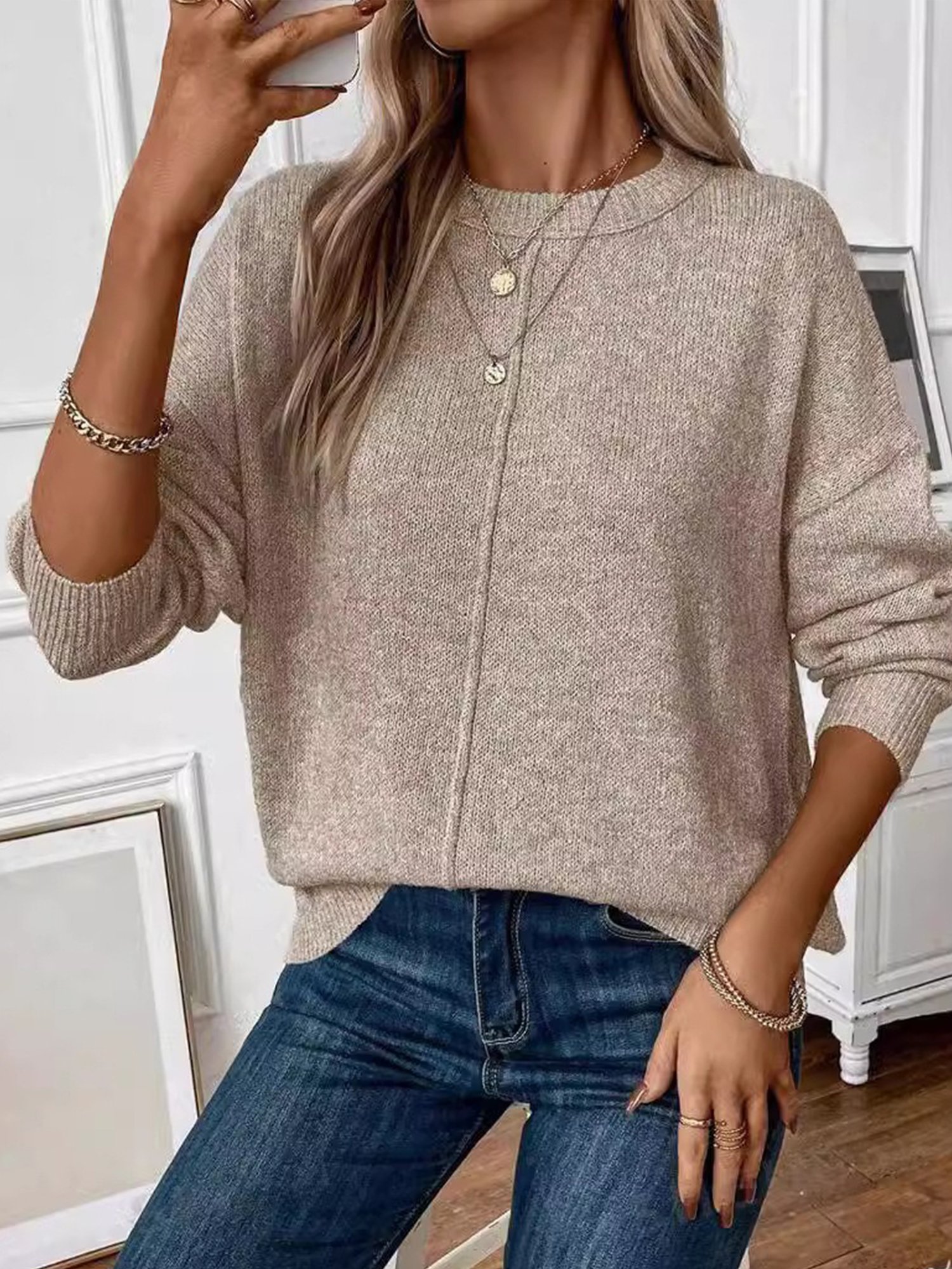 Casual Plain Crew Neck Sweater