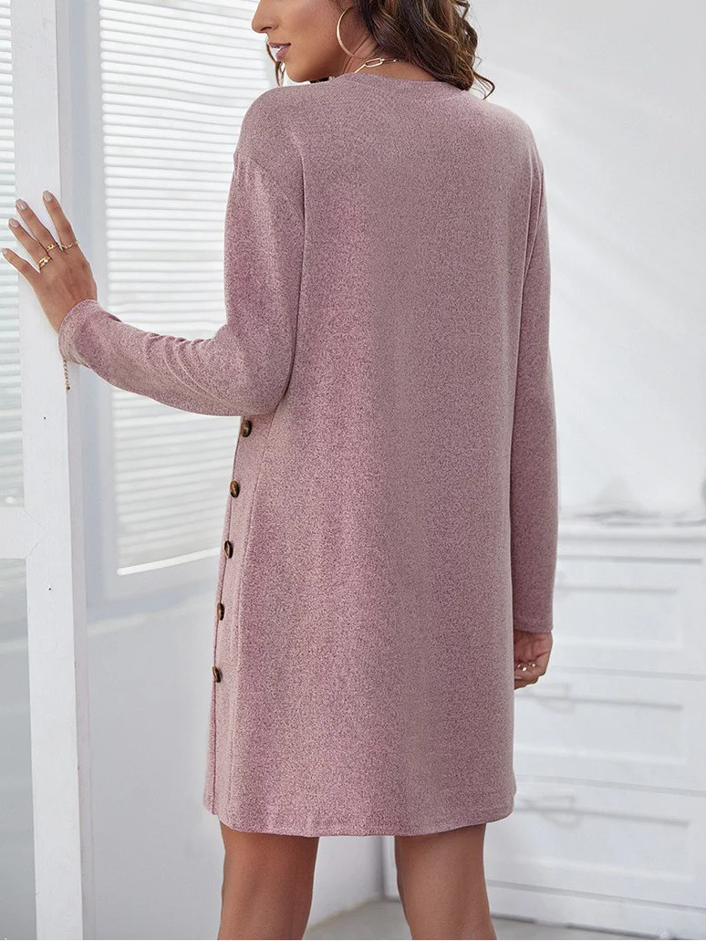 Women's Long Sleeve Spring/Fall Pink Plain Split Joint Crew Neck Daily Going Out Vintage Midi A-Line Shift Dress Dress