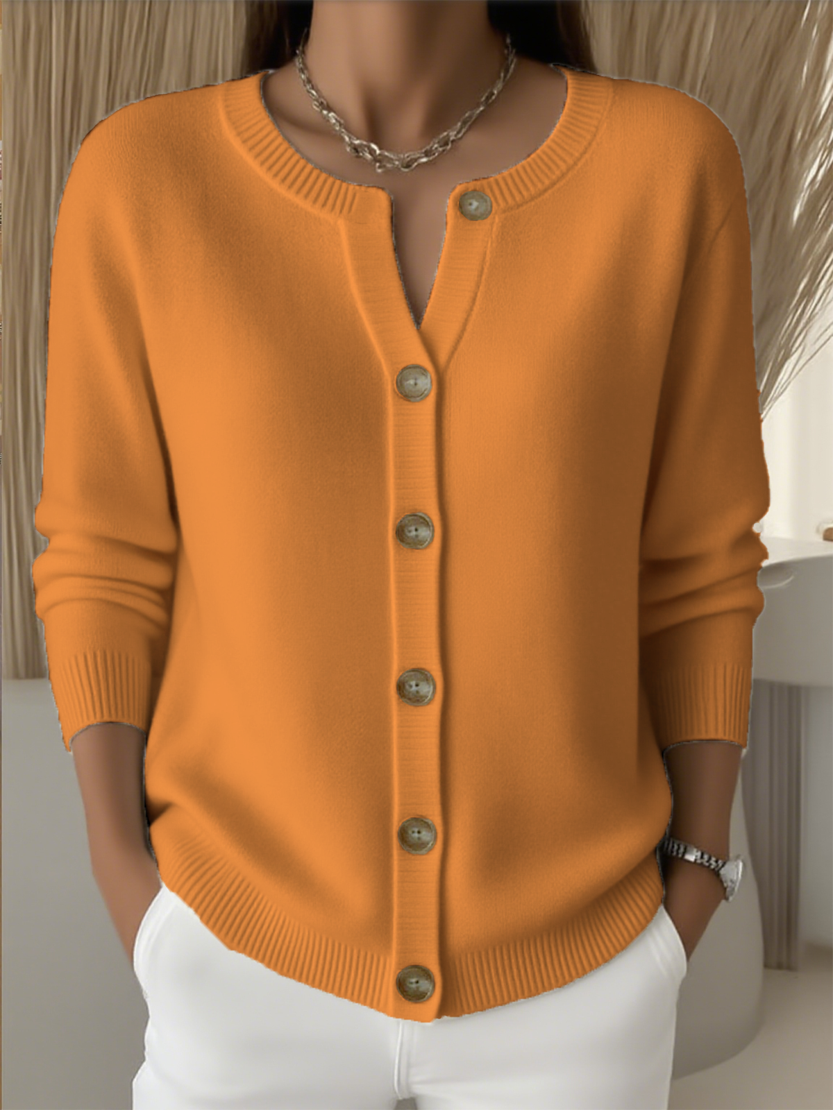 Casual Crew Neck Plain Cardigan