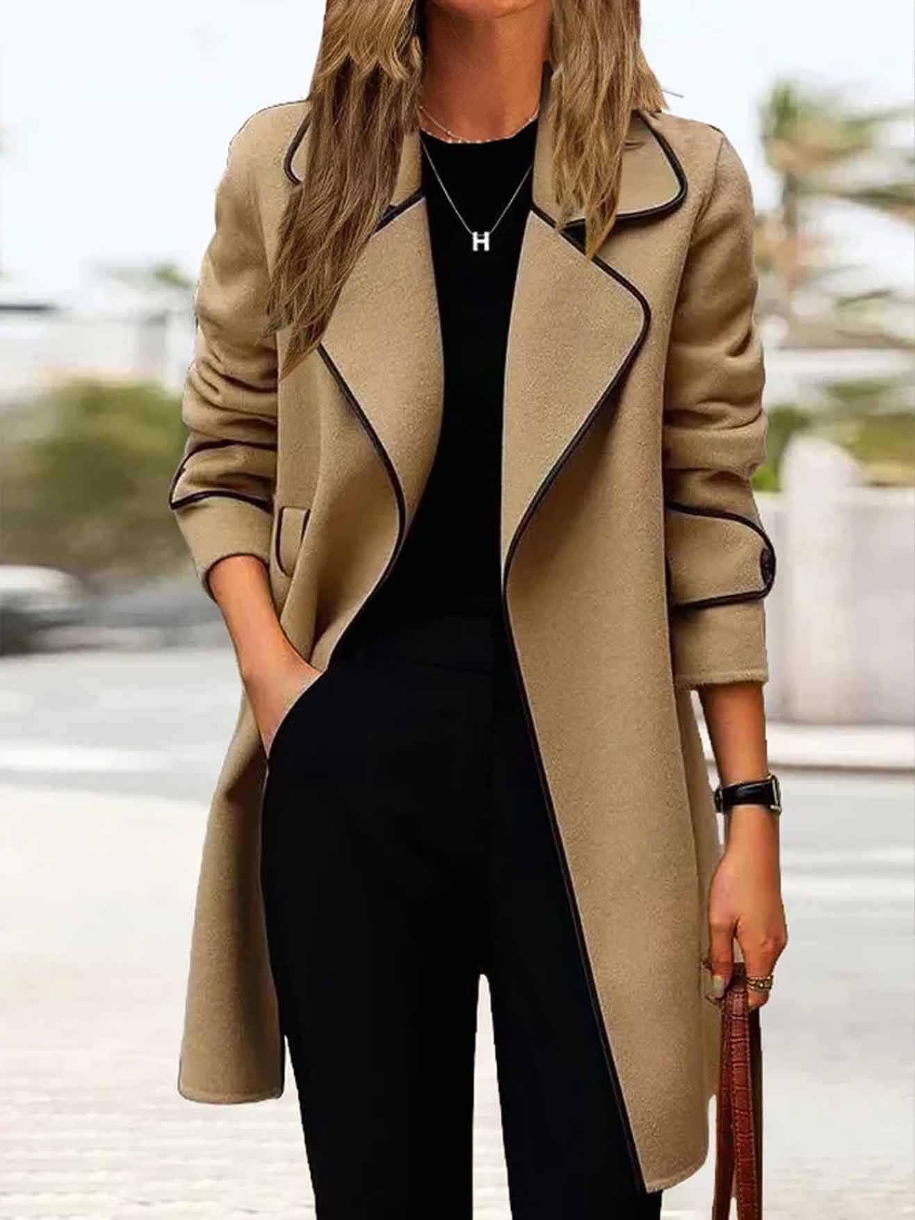 Women's Autumn And Winter Contrast Color Long Sleeve Woolen Coat