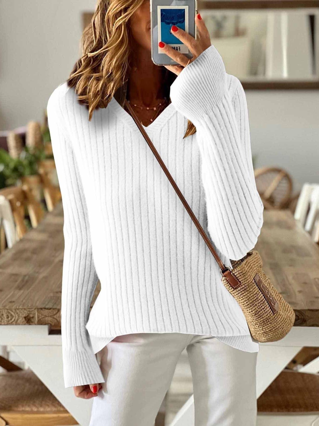 Women's Solid Color Long-Sleeved Temperament Knitted V-Neck Inner Sweater Versatile Fashion Slim Fit