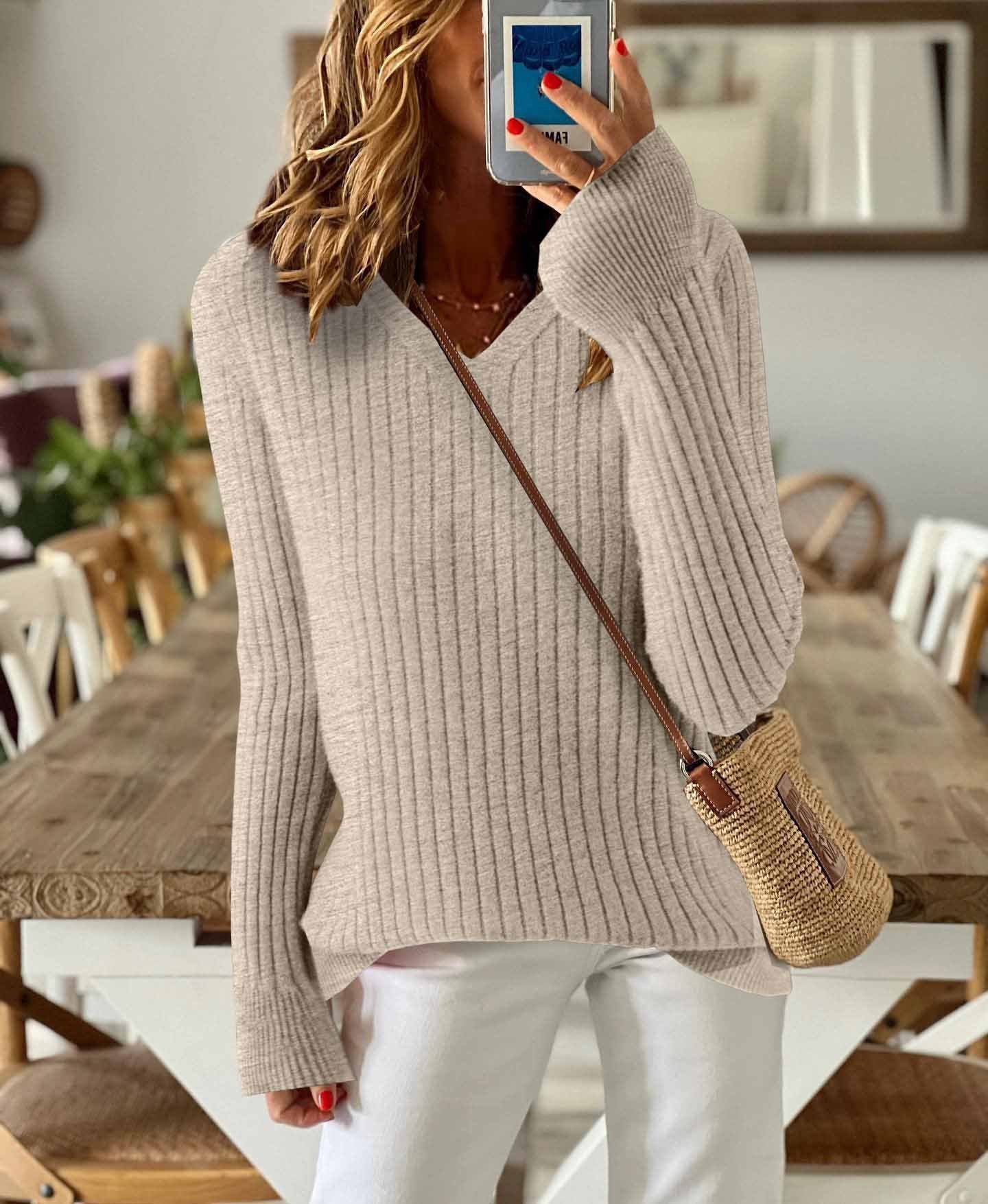 Women's Solid Color Long-Sleeved Temperament Knitted V-Neck Inner Sweater Versatile Fashion Slim Fit