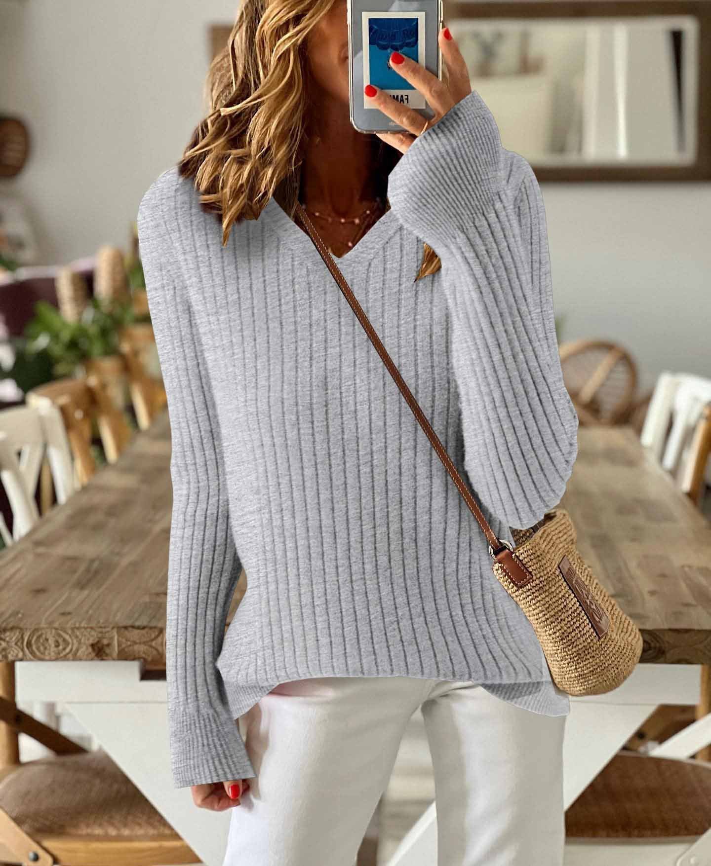 Women's Solid Color Long-Sleeved Temperament Knitted V-Neck Inner Sweater Versatile Fashion Slim Fit