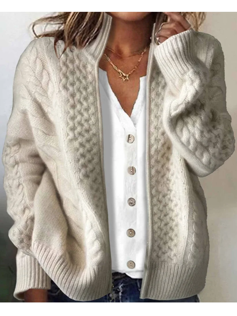 Women's Solid Color Long-Sleeved Sweater High Collar Autumn And Winter Jacquard Zipper Cardigan