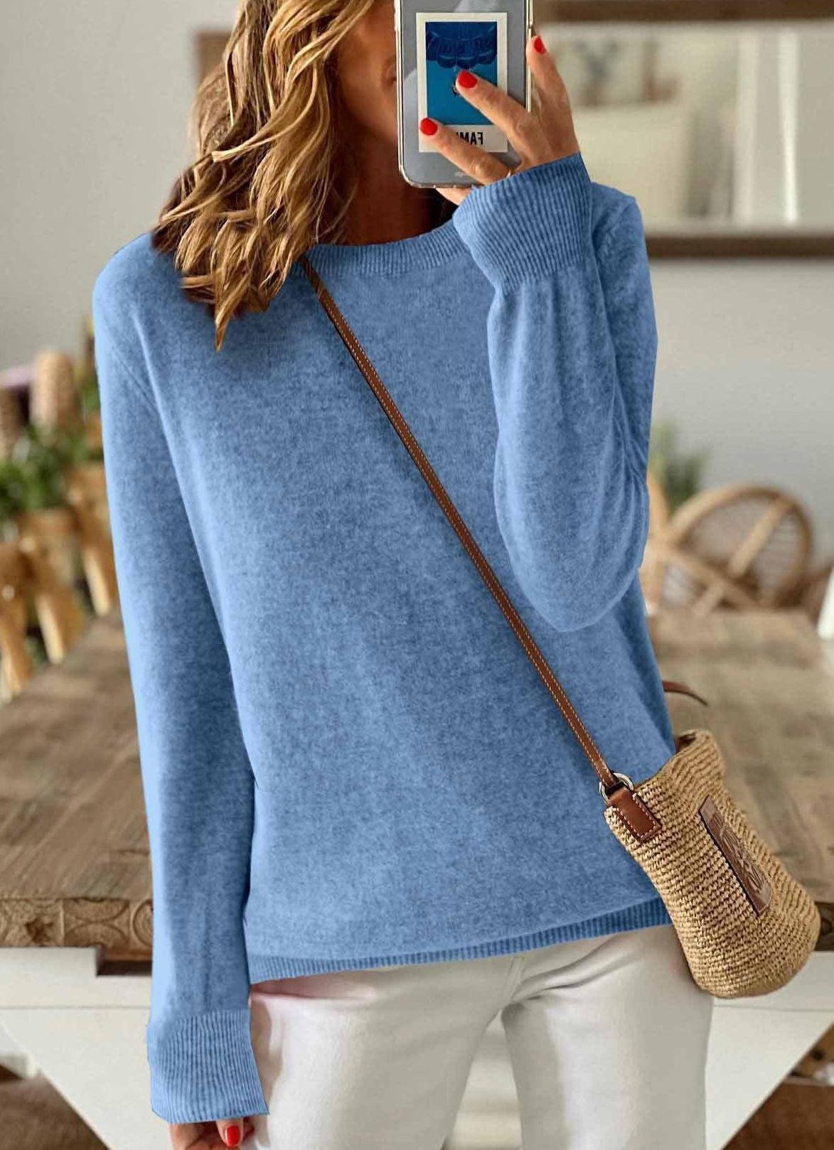 Women's Solid Color Long-Sleeved Round Neck Pullover Thin Knitted Bottoming Shirt