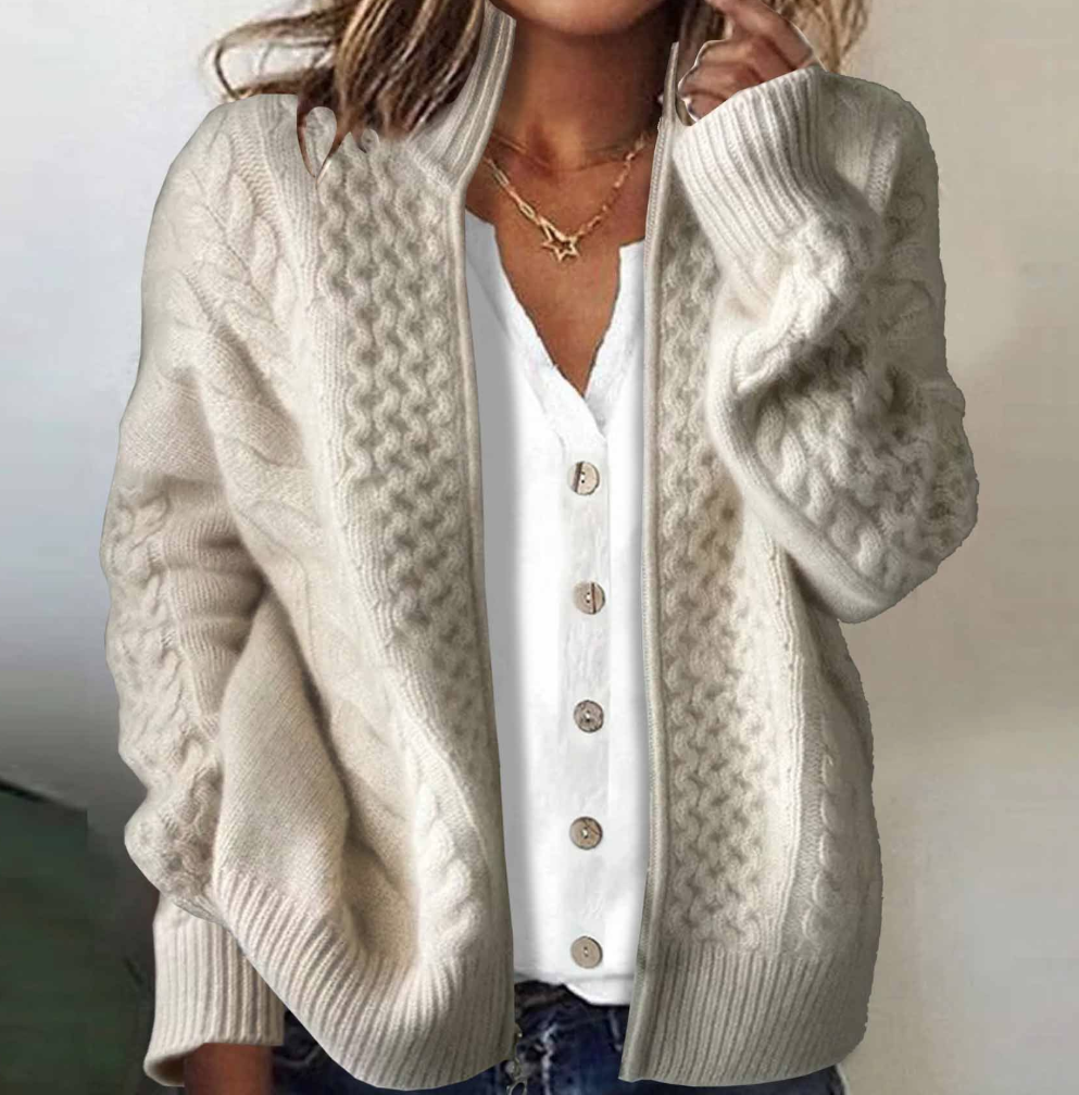 Women's Solid Color Long-Sleeved Sweater High Collar Autumn And Winter Jacquard Zipper Cardigan