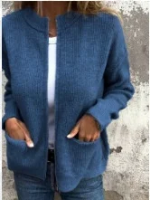 Stand Collar Casual  Sweater Knitted Stand Collar Zipper Coat Loose Pocket Jacket