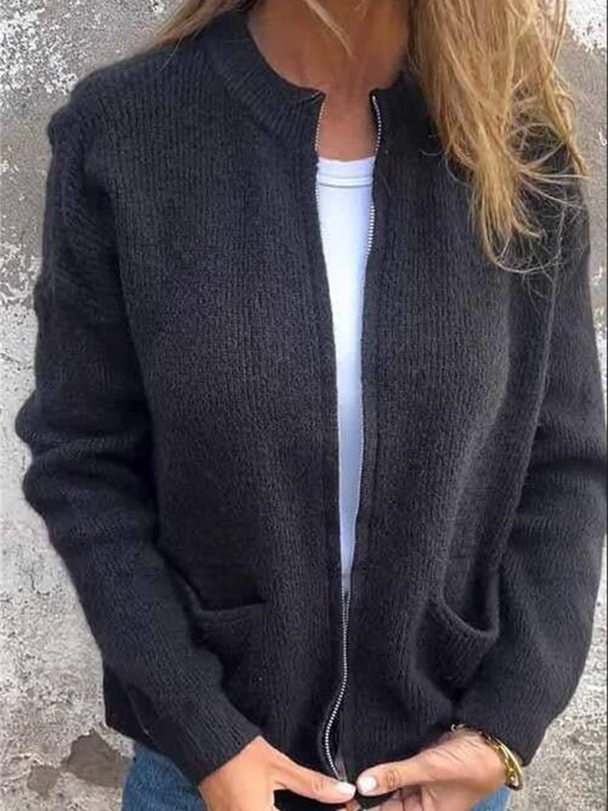 Stand Collar Casual  Sweater Knitted Stand Collar Zipper Coat Loose Pocket Jacket