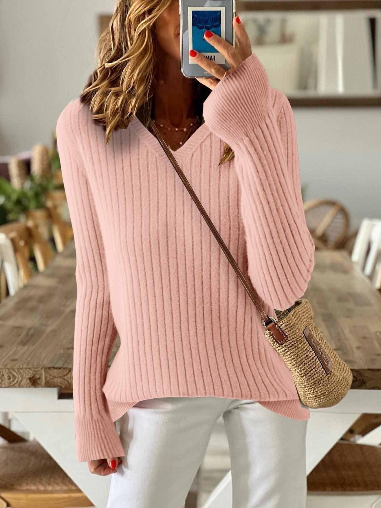Women's Solid Color Long-Sleeved Temperament Knitted V-Neck Inner Sweater Versatile Fashion Slim Fit