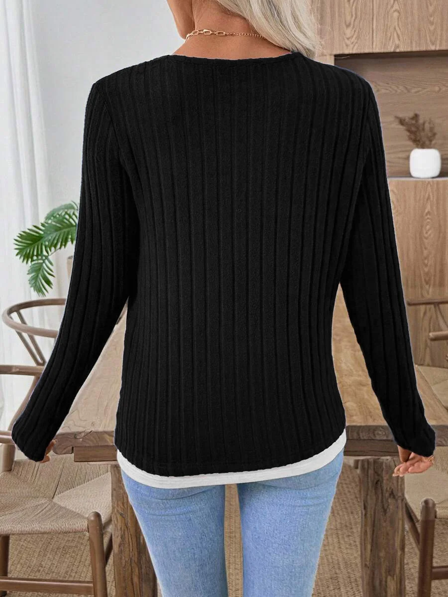 Women Plain V Neck Casual Long Sleeve T-shirt