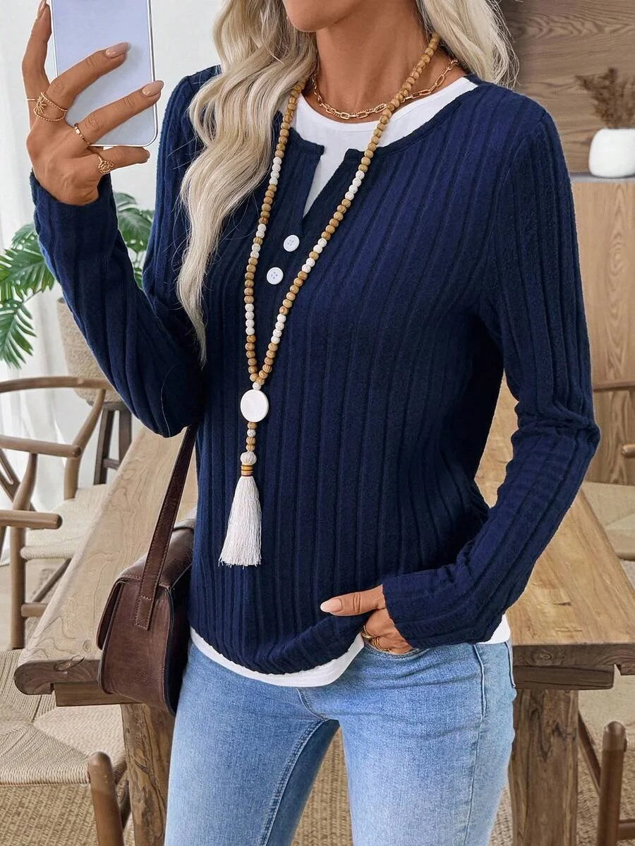 Women Plain V Neck Casual Long Sleeve T-shirt