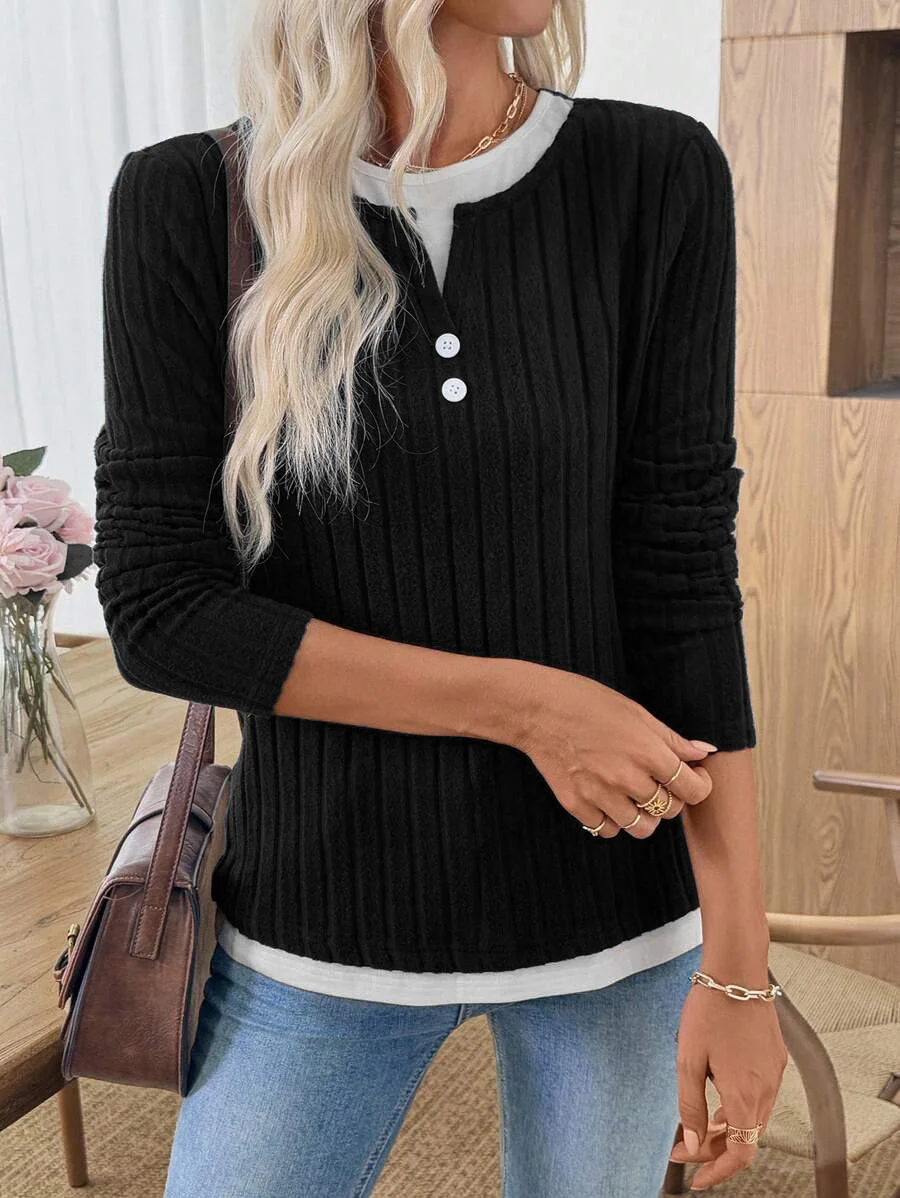 Women Plain V Neck Casual Long Sleeve T-shirt
