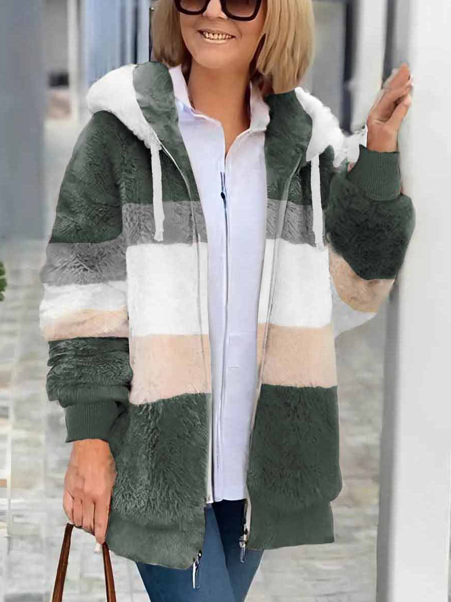 Women's Autumn And Winter Warm Plush Patchwork Zipper Pocket Hooded Loose Thick Coat
