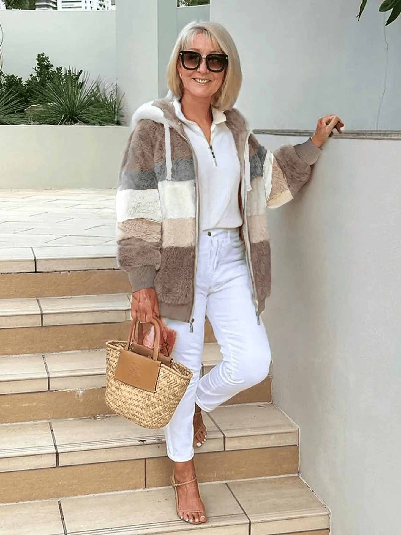 Women's Autumn And Winter Warm Plush Patchwork Zipper Pocket Hooded Loose Thick Coat